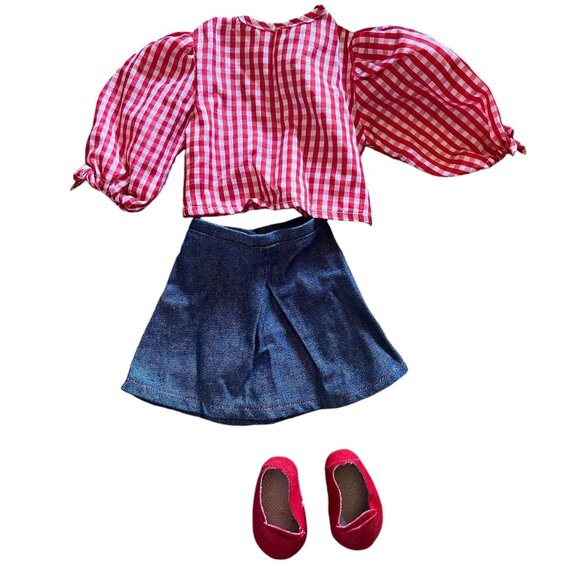 Unknown Other - Doll Outfit Denim Skirt Red & White Check Shirt Shoes
